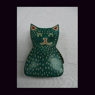 M&uuml;nzb&ouml;rse Smiley-Katze gr&uuml;nes Leder, Spardose, Shanti-Leder, Ziegenleder, ca. 11,5 x 7 x 2,5 cm