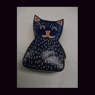 M&uuml;nzb&ouml;rse Smiley-Katze blaues Leder, Spardose, Shanti-Leder, Ziegenleder, ca. 11,5 x 7 x 2,5 cm
